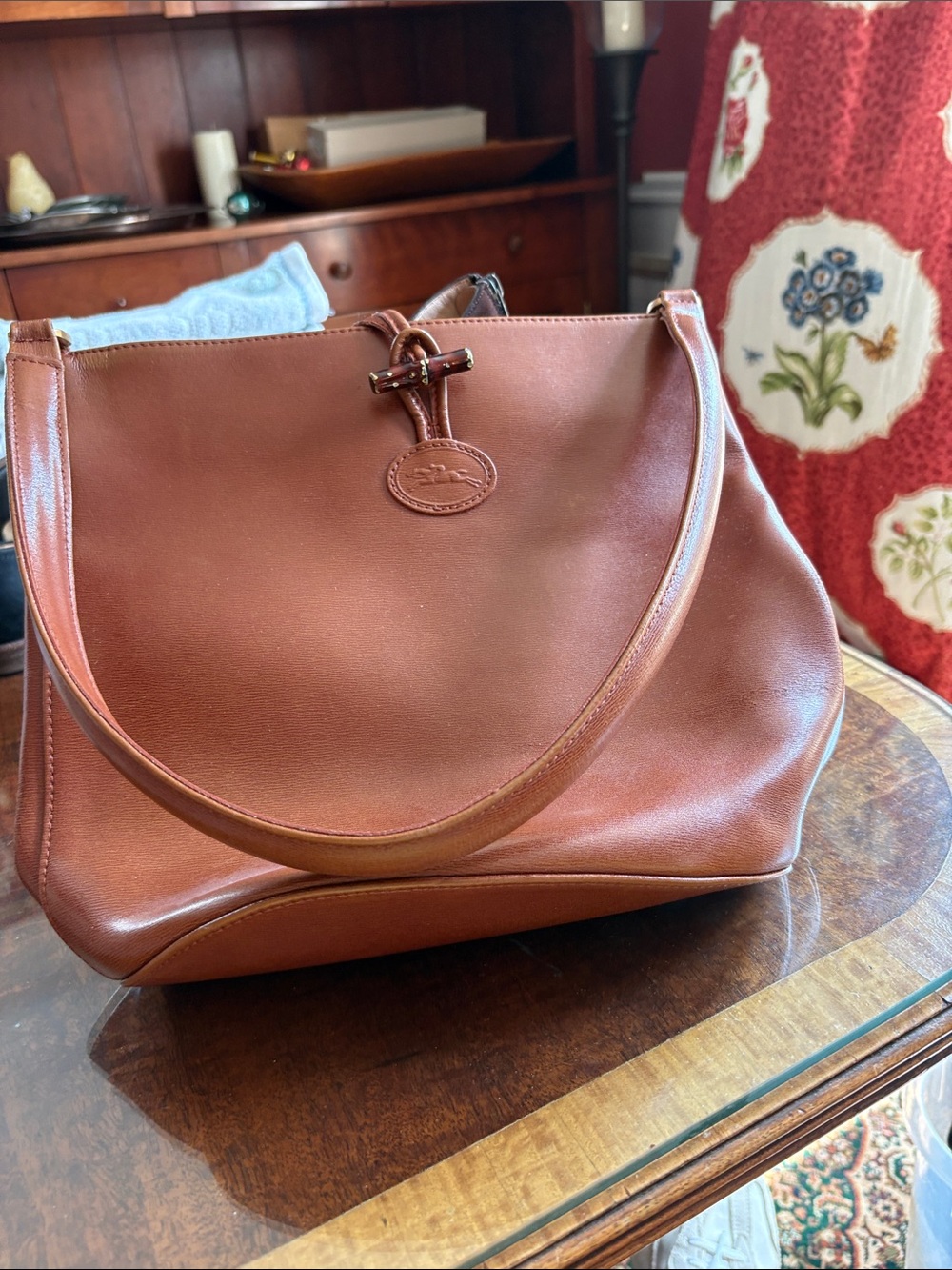 Longchamp Vintage Roseau Cognac Leather Shoulder Bag with Toggle Closure